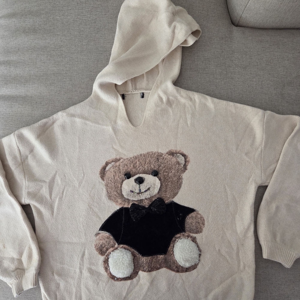 Cream Hoodie with Teddy Bear Design
